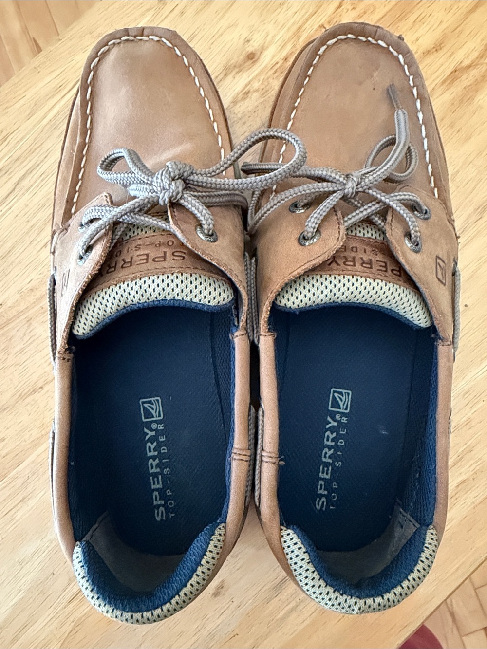 Sperry Tan Leather Moc Toe Boat Shoes with Navy Insoles